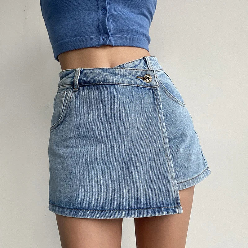 Fake Two-piece Design Slim Fit Skirt Shorts Woman High-Waist A-line Denim Shorts Girl Sexy Jean Skort
