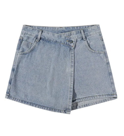Fake Two-piece Design Slim Fit Skirt Shorts Woman High-Waist A-line Denim Shorts Girl Sexy Jean Skort