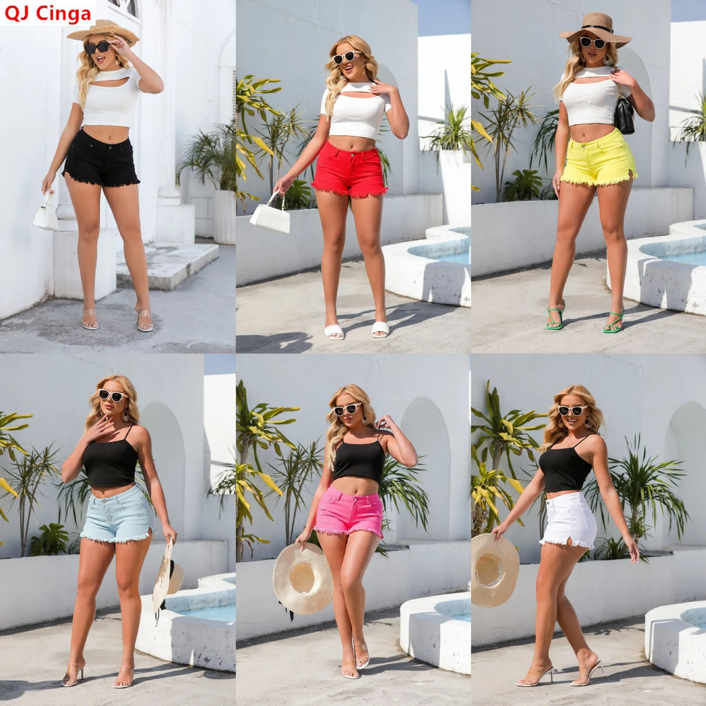 Women's Low-rise Mini Jeans Shorts for Summer, Featuring Distressed Denim with Frayed Hems. Available in White, Blue,Red,Yellow.