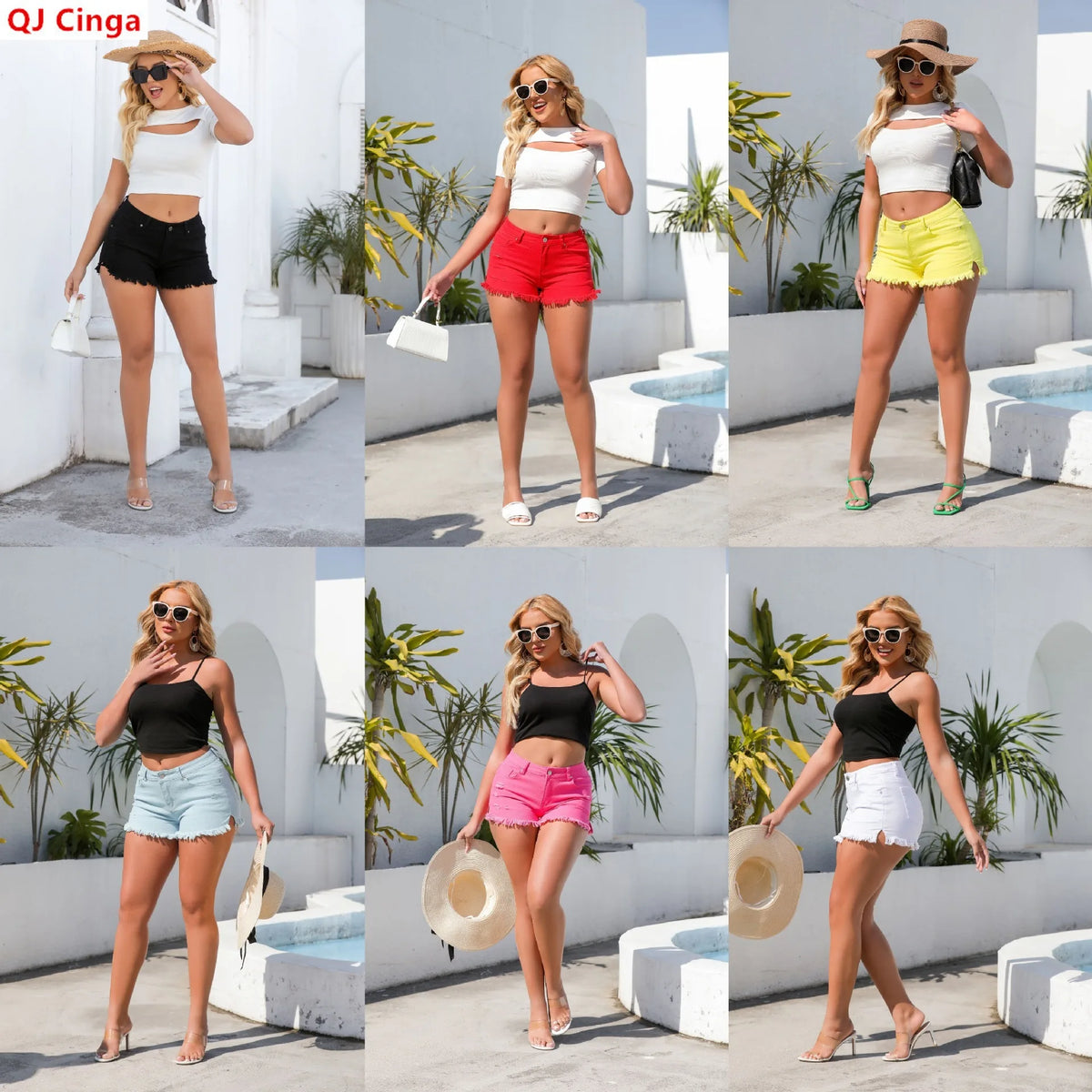 Women's Low-rise Mini Jeans Shorts for Summer, Featuring Distressed Denim with Frayed Hems. Available in White, Blue,Red,Yellow.