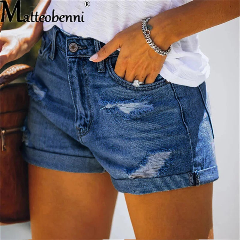Women Fashion Ripped High Waisted Rolled Denim Shorts Vintage Hole Summer Casual Pocket Short Jeans Ladies Hotpants Shorts 2022